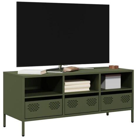 Vidaxl – Meuble TV industriel vert olive 101,5x39x43,5 cm – Acier laminé à froid – 3 compartiments et 3 tiroirs – Facile à nettoyer