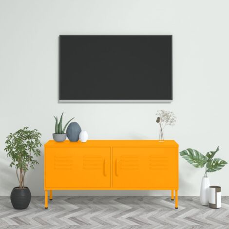 Vidaxl – Meuble TV jaune moutarde 105x35x50 cm – Acier robuste avec 2 portes et étagère – Niveleurs ajustables pour hauteur personnalisée