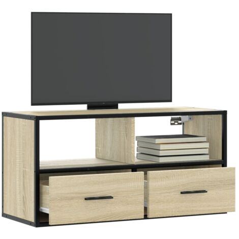 Vidaxl – Meuble TV chêne sonoma 80x31x39,5 cm – Bois d'ingénierie et métal – Design industriel – Grand espace de rangement – Fixation murale possible