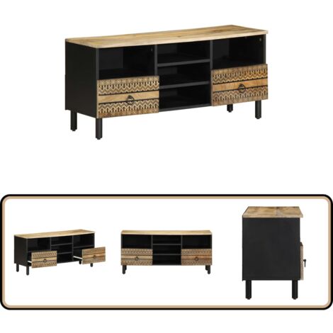 vidaXL Meuble TV noir 100x33,5x46 cm bois massif manguier brut