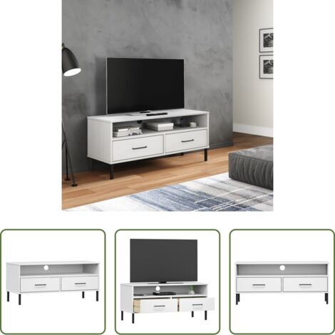 vidaXL Meuble tv pin massif -  Meuble TV avec pieds en métal Blanc Bois de pin massif OSLO