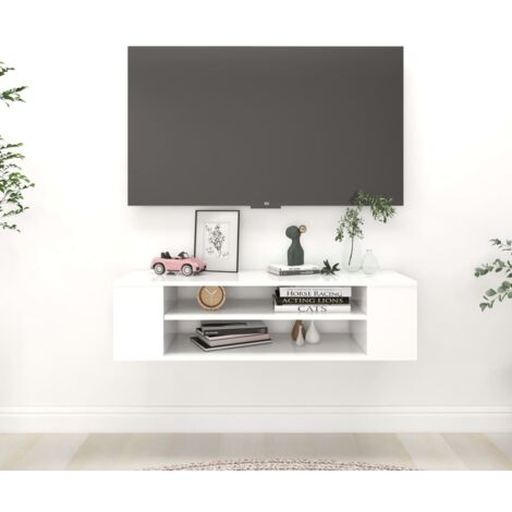 Vidaxl – Meuble TV suspendu blanc 100x30x26,5 cm – Bois d’ingénierie – 2 compartiments ouverts – Capacité de charge 60 kg