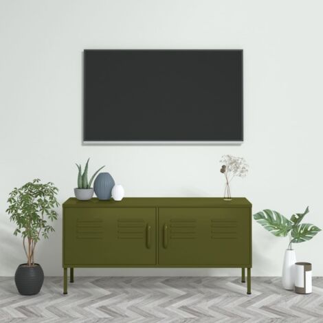 Vidaxl – Meuble TV vert olive 105x35x50 cm – Acier robuste – 2 portes avec étagère – 4 trous pour gestion câbles – Capacité 100 kg