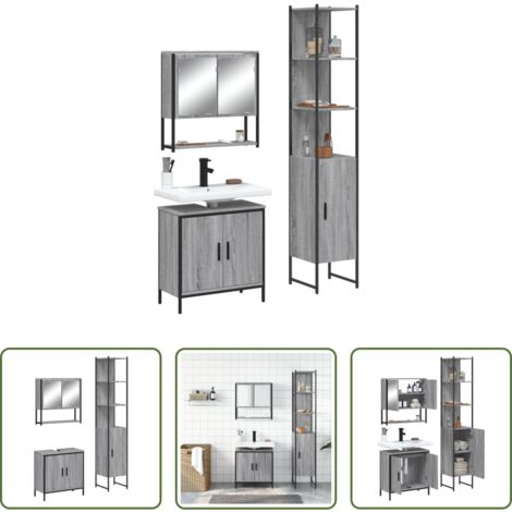 vidaXL Mobile a specchio -  Set Mobili da Bagno 3 pz Grigio Sonoma in Legno Multistrato