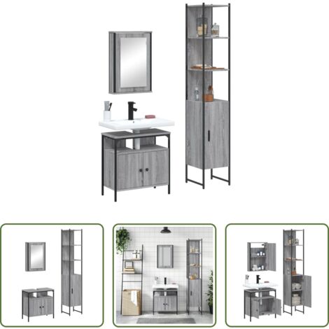 vidaXL Mobile a specchio -  Set Mobili da Bagno 3 pz Grigio Sonoma in Legno Multistrato