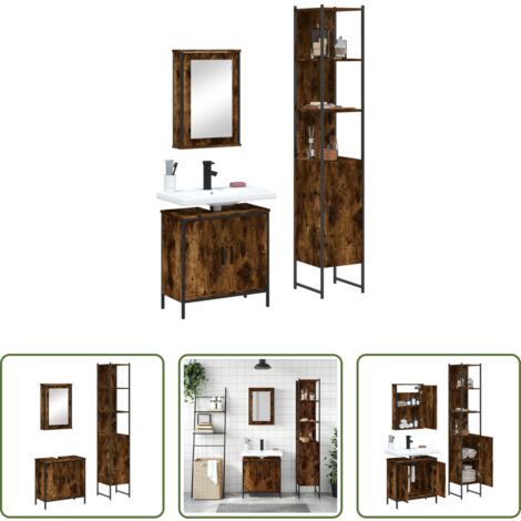 vidaXL Mobile a specchio -  Set Mobili da Bagno 3 pz Rovere Fumo in Legno Multistrato
