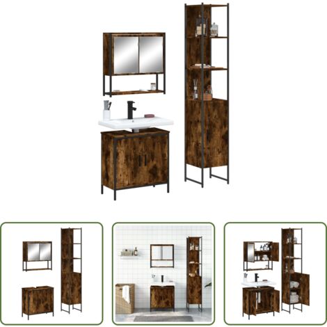 vidaXL Mobile a specchio -  Set Mobili da Bagno 3 pz Rovere Fumo in Legno Multistrato