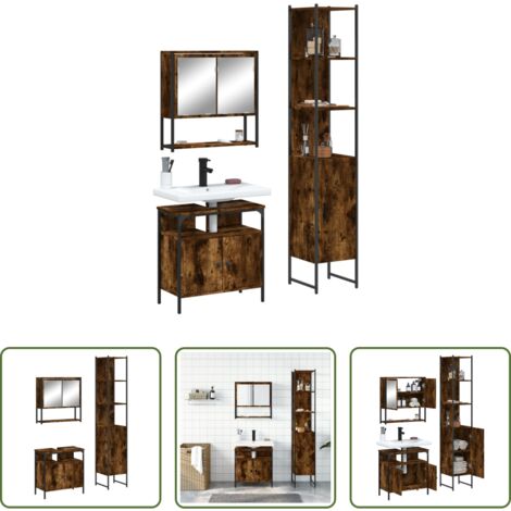 vidaXL Mobile a specchio -  Set Mobili da Bagno 3 pz Rovere Fumo in Legno Multistrato