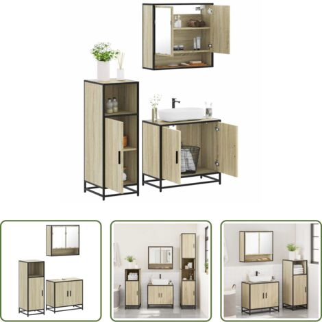 vidaXL Mobile con specchio -  Set Mobili da Bagno 3 pz Rovere Sonoma in Legno Multistrato