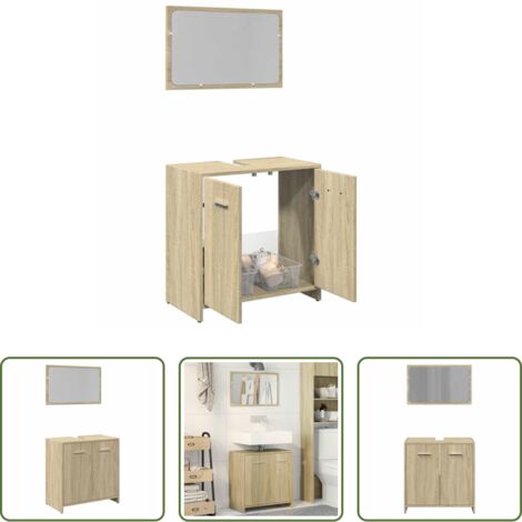 vidaXL Mobile da bagno con specchio -  Set Mobili da Bagno 2 pz Rovere Sonoma in Legno Multistrato