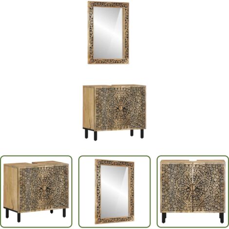 vidaXL Mobile da bagno con specchio -  Set Mobili da Bagno 2pz in Legno Massello di Mango