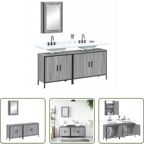vidaXL Mobile da bagno -  Set Mobili da Bagno 3 pz Grigio Sonoma in Legno Multistrato