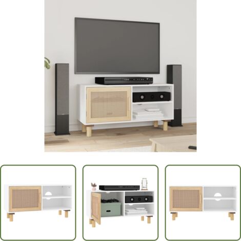 vidaXL Mobile TV Bianco -  Mobile TV Bianco 80x30x40 cm Massello Pino e Rattan Naturale