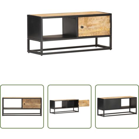 vidaXL Mobiletto Stereo in Legno Mango Grezzo -  Mobile Porta TV con Anta Intagliata 90x30x40 cm in Mango Grezzo