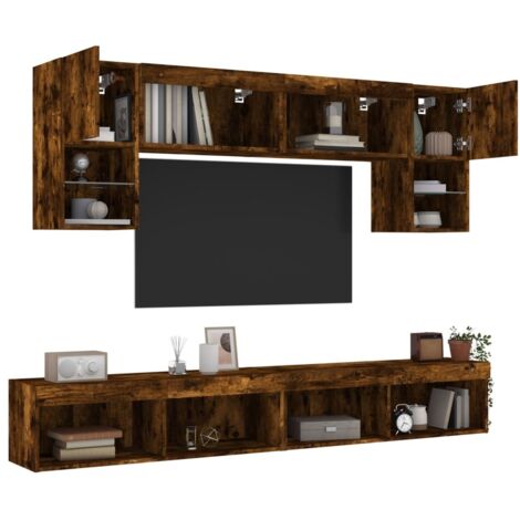 vidaXL Mobili TV a Muro con LED 6pz Rovere Fumo in Legno Multistrato