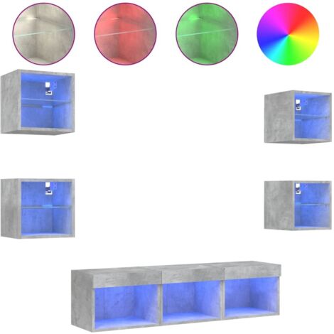 vidaXL Mobili TV a Muro con LED 7pz Grigio Cemento Legno Multistrato