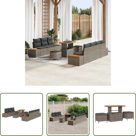 vidaXL Mobiliario exterior -  Conjunto de sofás de jardín con cojín 10 pcs Gris Poliratán