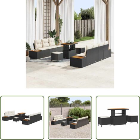 vidaXL Mobiliario exterior -  Conjunto de sofás de jardín con cojín 10 pcs Negro Poliratán