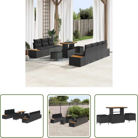 vidaXL Mobiliario exterior -  Conjunto de sofás de jardín con cojín 10 pcs Negro Poliratán