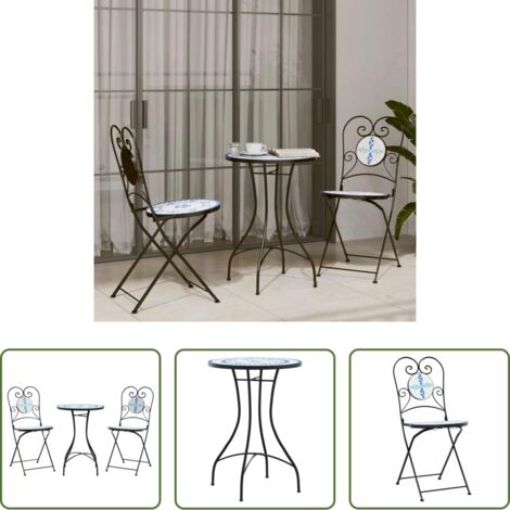 vidaXL Mosaico - Set da Bistrot con Mosaico Blu e Bianco in Ferro e Ceramica