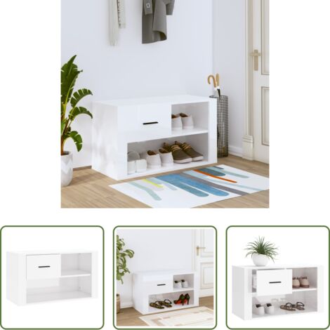 vidaXL Mueble de almacenamiento -  Mueble zapatero madera contrachapada blanco brillo 80x35x45 cm