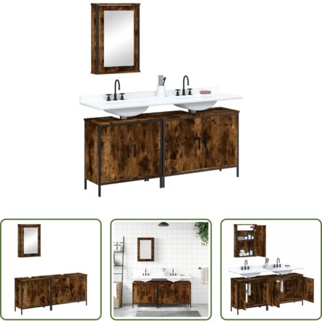 vidaXL Mueble de baño con espejo -  Set de muebles baño 3 pzas madera contrachapada roble ahumado