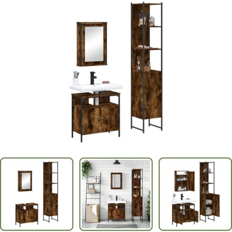 vidaXL Mueble de baño con espejo -  Set de muebles baño 3 pzas madera contrachapada roble ahumado