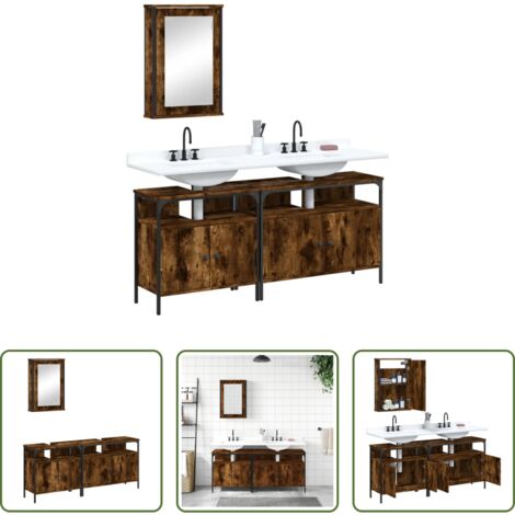 vidaXL Mueble de baño con espejo -  Set de muebles baño 3 pzas madera contrachapada roble ahumado