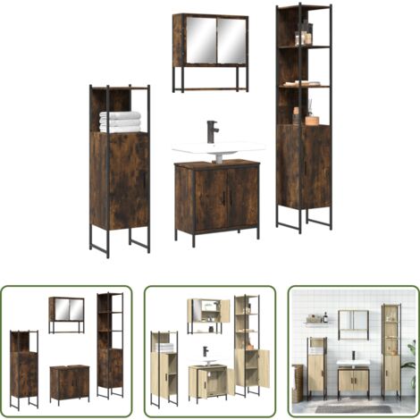 vidaXL Mueble de baño con espejo -  Set de muebles baño 4 pzas madera contrachapada roble ahumado