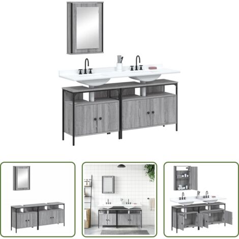 vidaXL Mueble de baño con espejo -  Set de muebles de baño 3 pzas madera contrachapada gris sonoma