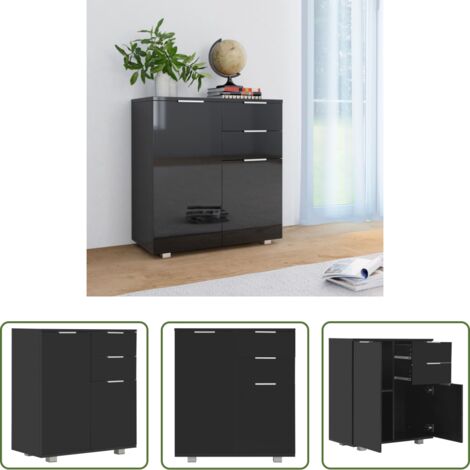 vidaXL Mueble de cajones -  Aparador de aglomerado negro brillante 71x35x80 cm