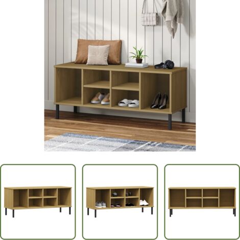 vidaXL Mueble de madera -  Zapatero patas de metal OSLO madera maciza marrón 106x35x45 cm