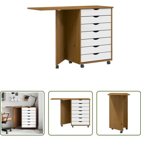 vidaXL Mueble de oficina - Cajonera con ruedas y escritorio MOSS madera pino marrón miel