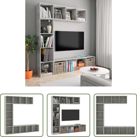 vidaXL Mueble de pared -  Mueble de TV y librería 3 piezas gris hormigón 180x30x180 cm