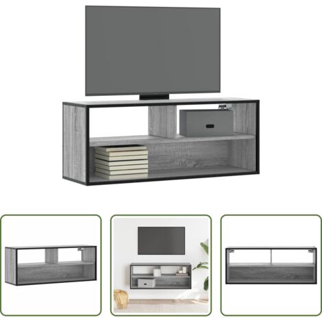 vidaXL Mueble de TV de madera y metal -  Mueble de TV madera y metal roble ahumado 100x31x39,5 cm