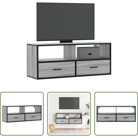 vidaXL Mueble de TV de madera y metal -  Mueble de TV madera y metal roble ahumado 100x31x39,5 cm