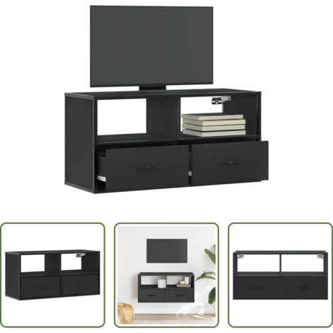 vidaXL Mueble de TV metal -  Mueble de TV metal y madera de ingeniería negro 80x31x39,5 cm