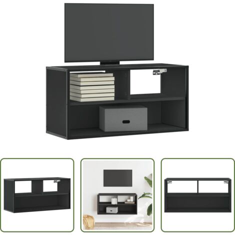 vidaXL Mueble de TV metal -  Mueble de TV metal y madera de ingeniería negro 80x31x39,5 cm