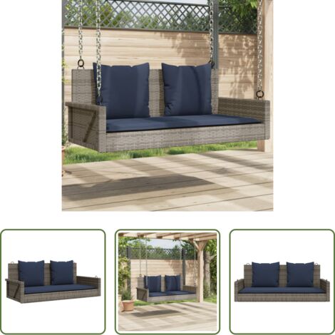 vidaXL Mueble exterior -  Banco columpio con cojines gris 119x56x48 cm ratán sintético