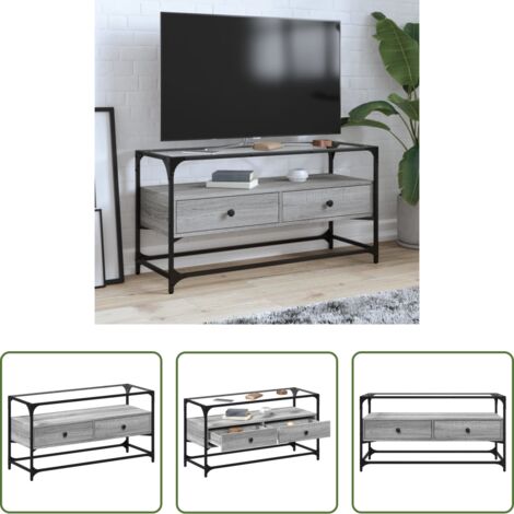 vidaXL Mueble industrial -  Mueble TV cristal y madera ingeniería gris Sonoma 98x35x51 cm