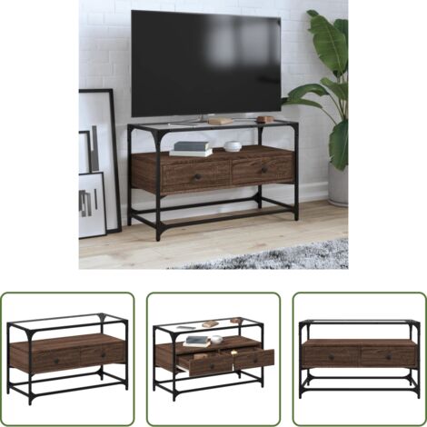 vidaXL Mueble industrial -  Mueble TV cristal y madera ingeniería marrón roble 80x35x51 cm