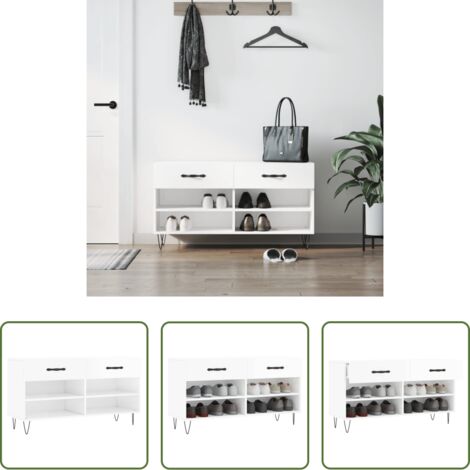 vidaXL Mueble para zapatos -  Banco zapatero madera de ingeniería blanco brillo 102x35x55 cm