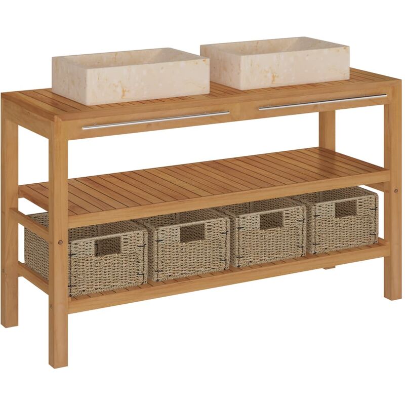 

vidaXL Mueble tocador madera maciza teca con lavabos de mármol crema - Marrón