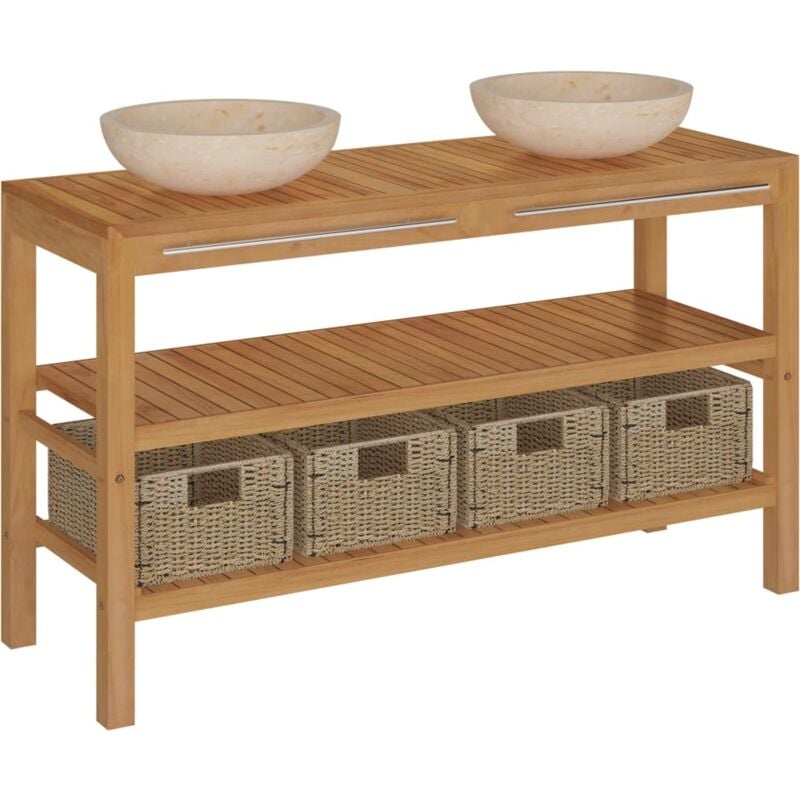 

Mueble tocador madera maciza teca con lavabos de mármol crema - Marrón - Vidaxl