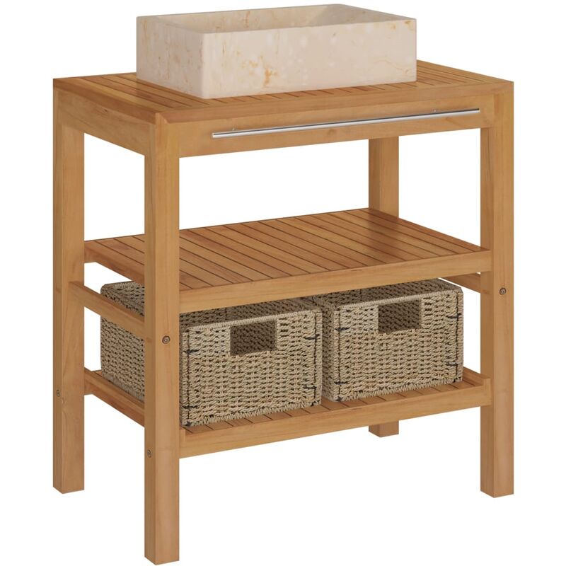 

Mueble tocador madera teca maciza con lavabo de mármol crema - Marrón - Vidaxl