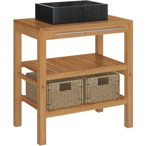 vidaXL Mueble tocador madera teca maciza con lavabo de mármol negro - Marrón