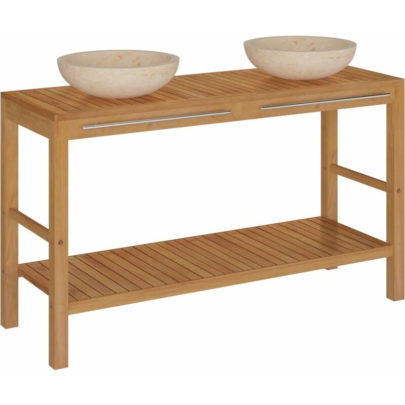 

Mueble tocador madera teca maciza con lavabos de mármol crema - Marrón - Vidaxl