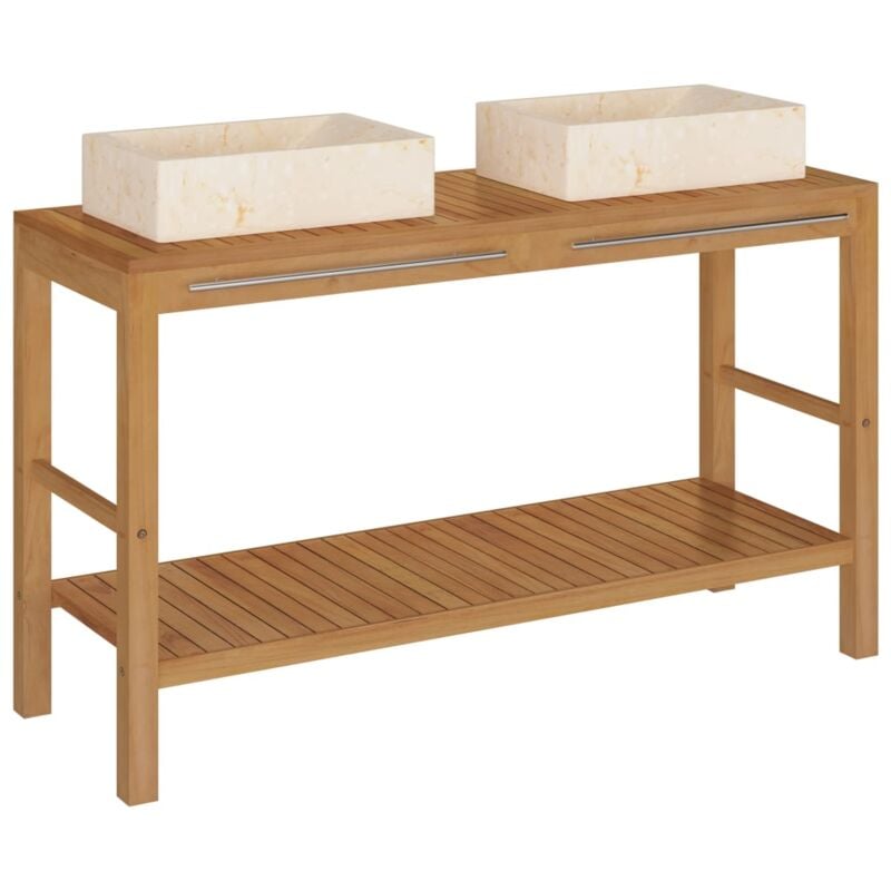 

vidaXL Mueble tocador madera teca maciza con lavabos de mármol crema - Marrón
