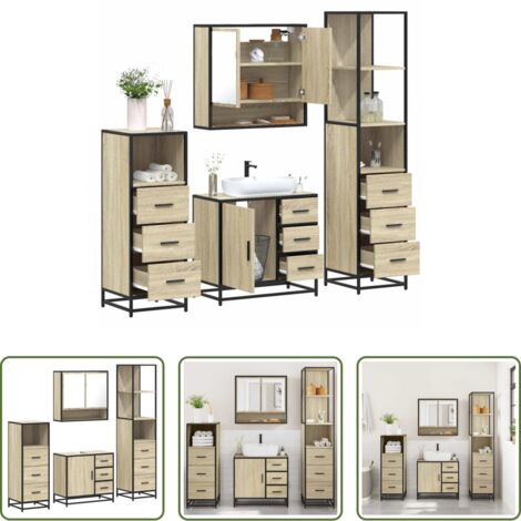 vidaXL Muebles de baño con espejo -  Juego de muebles de baño 4 pzas contrachapada roble sonoma