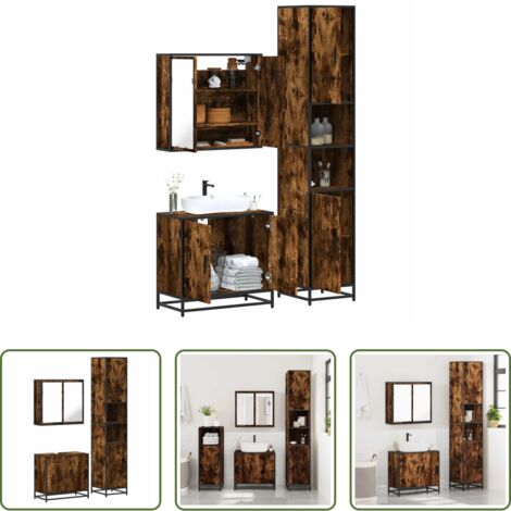 vidaXL Muebles de baño con espejo -  Set de muebles baño 3 pzas madera contrachapada roble ahumado